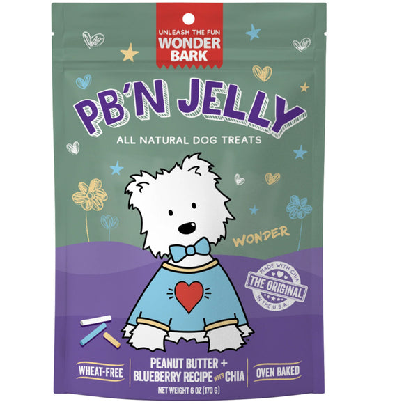 Package of Wonder Bark PB'N Jelly dog treats with cartoon dog illustration on a green and purple background
