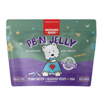 Packaging of Wonder Bark PB'N Jelly dog treats with a cartoon dog illustration on a white background.