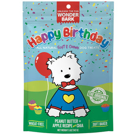 Dog treat package with cartoon dog holding a balloon and birthday theme