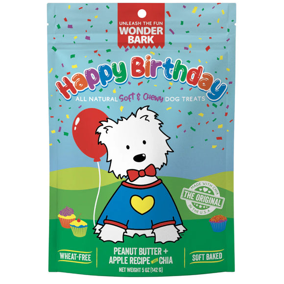 Dog treat package with cartoon dog holding a balloon and birthday theme
