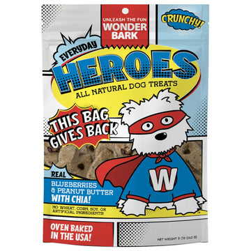 Dog treat package with superhero design and text about natural dog treats.