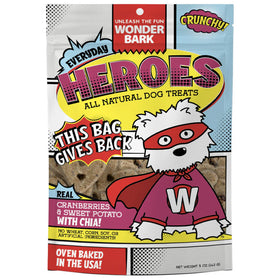 Package of Everyday Heroes dog treats with a cartoon dog in a superhero costume on a white background