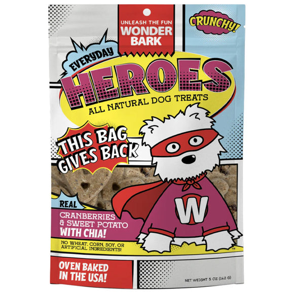 Package of Everyday Heroes dog treats with a cartoon dog in a superhero costume on a white background
