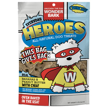 Dog treat package with superhero design and text about natural dog treats.