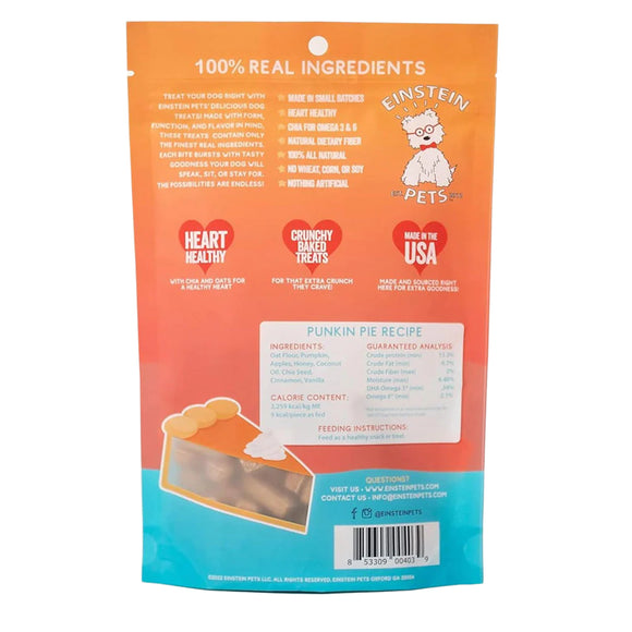 Dog treat package with 'Einstein Pets' branding on an orange and blue background