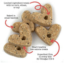 Heart-shaped dog treats with text highlighting features on a white background