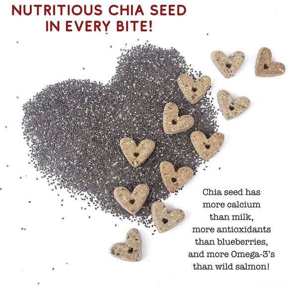 Heart-shaped chia seed treats with text highlighting nutritional benefits on a white background
