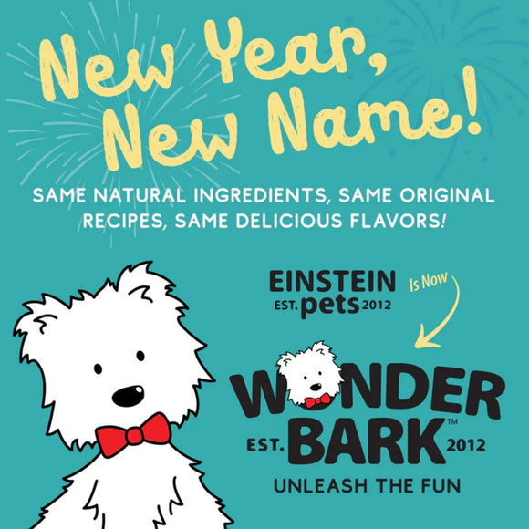 Promotional graphic for Einstein pets, now Wonder Bark, with a cartoon dog and text on a teal background.