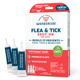 Wondercide flea and tick spot on for dogs packaging with three spot on applicators.