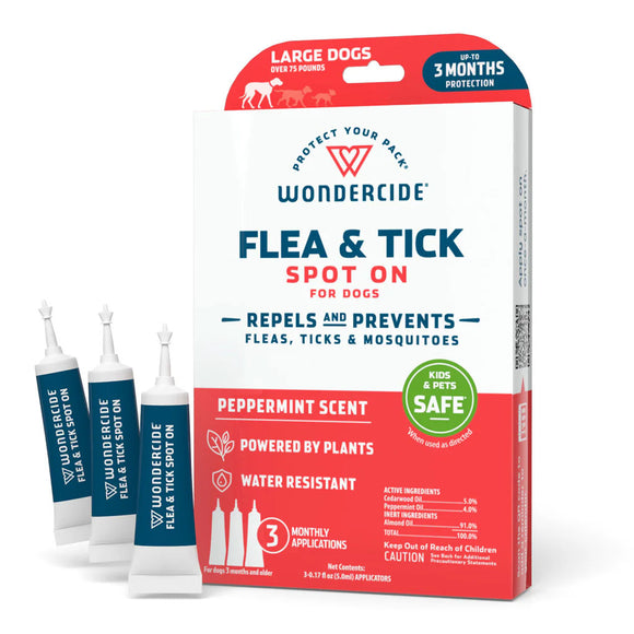 Wondercide flea and tick spot on for dogs packaging with spot on applicators.