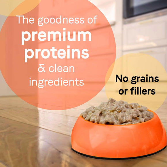 Orange bowl of pet food with text about premium proteins and clean ingredients on a wooden floor.