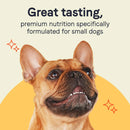 Dog with text about premium nutrition for small dogs on a beige background