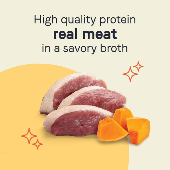 Meat and carrots with text 'High quality protein real meat in a savory broth' on a beige background