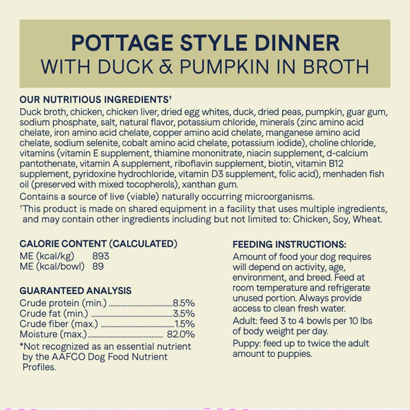 Dog food label for 'Pottage Style Dinner with Duck & Pumpkin in Broth' detailing ingredients, nutritional information, and feeding instructions.