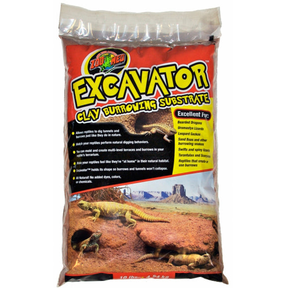 Bag of Zoo Med Excavator Clay Burrowing Substrate with lizard illustrations on a white background