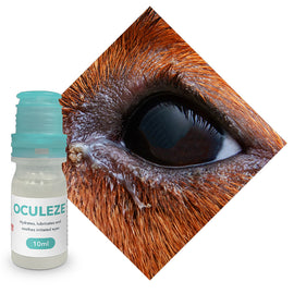 Oculeze eye drop bottle with a close-up of an eye on a white background