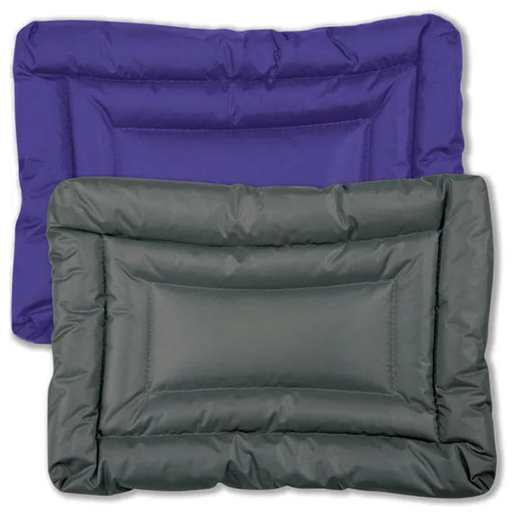 Two rectangular puffer cushions, one purple and one gray, on a white background.