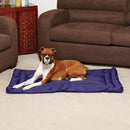 Dog lying on a purple pet mat in a living room with brown furniture.