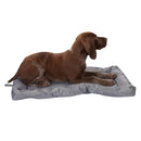 Dog lying on a gray pet bed with a white background