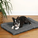Dog lying on a gray pet bed in a room with a plant and wooden floor.