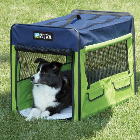 Dog inside a green and blue Guardian Gear pet carrier on grass