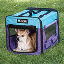 Pet carrier with a dog inside on a grassy background, featuring the Guardian Gear brand.