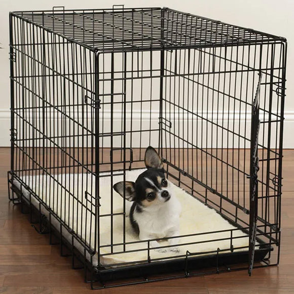 Dog inside a black metal crate on a wooden floor with a white wall background