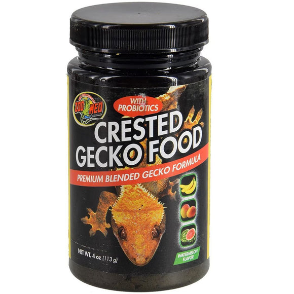 Jar of Crested Gecko Food with Zoo Med logo on a white background