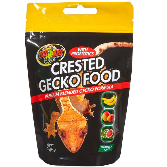 Zoo Med Crested Gecko Food package with a yellow top and black body, featuring a crested gecko illustration.
