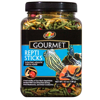 Jar of Gourmet Repti Sticks floating aquatic turtle food with Zoo Med logo on a white background