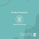 Teal background with 'Product Features' text and a washing machine icon, featuring the brand logo.