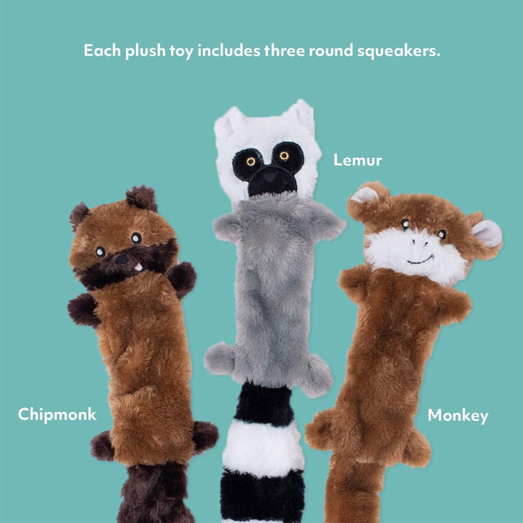 ZippyPaws Skinny Peltz Chipmunk, Lemur & Monkey Plush Dog Toy, Large