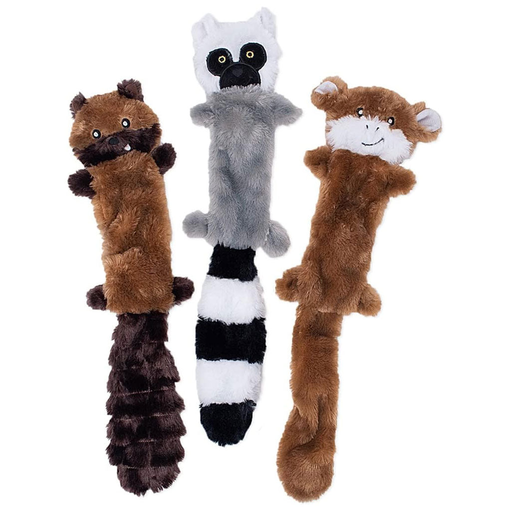 ZippyPaws Skinny Peltz Chipmunk, Lemur & Monkey Plush Dog Toy, Large, 3-pack