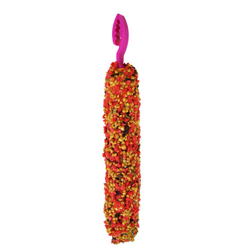 Colorful dog toy with a pink handle on a white background