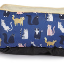 Rectangular pet bed with cat pattern on a blue background