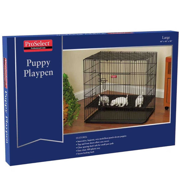 ProSelect puppy playpen packaging with a blue border and product image of a black metal playpen.