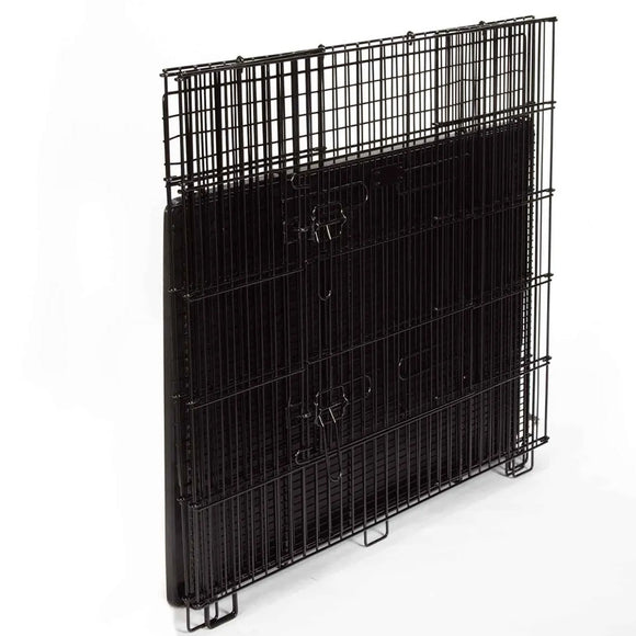 Black metal pet crate on a white background
