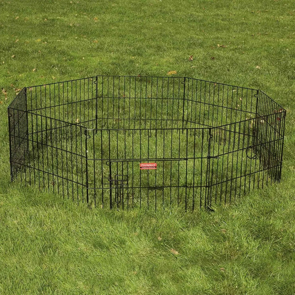 Black metal pet playpen on a grassy field