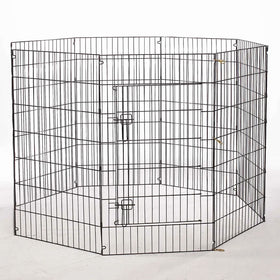 Black metal pet playpen on a white background