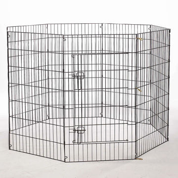 Black metal pet playpen on a white background