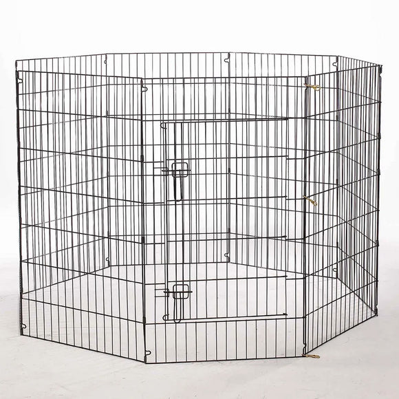Black metal pet playpen on a white background