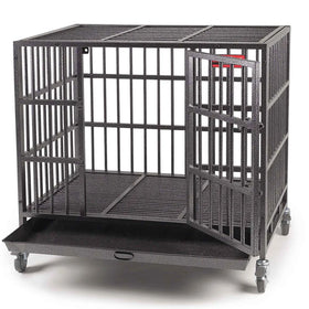 Black metal pet cage on wheels with a white background