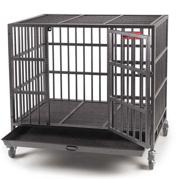 Black metal pet cage on wheels with a white background
