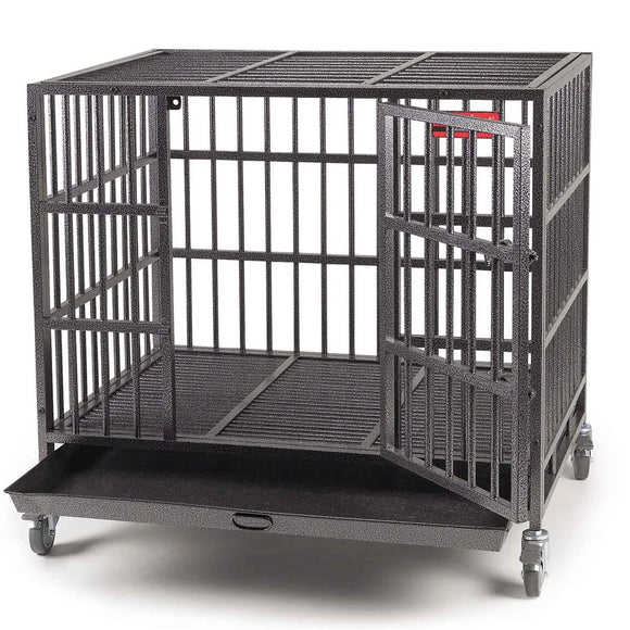 Black metal pet cage on wheels with a white background