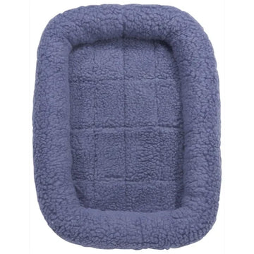 Blue pet bed with a textured surface on a white background