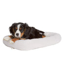 Puppy lying on a white cushion with a white background