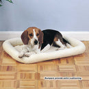 Dog lying on a cushioned pet bed with text 'Bumpers provide extra cushioning.'