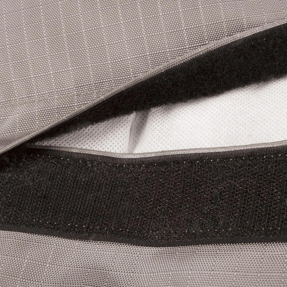 Close-up of gray fabric with black elastic band