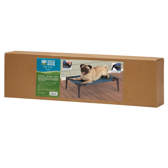 Box packaging of a pet cot with a pug on a wooden floor