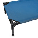 Blue camping cot with black legs on a white background